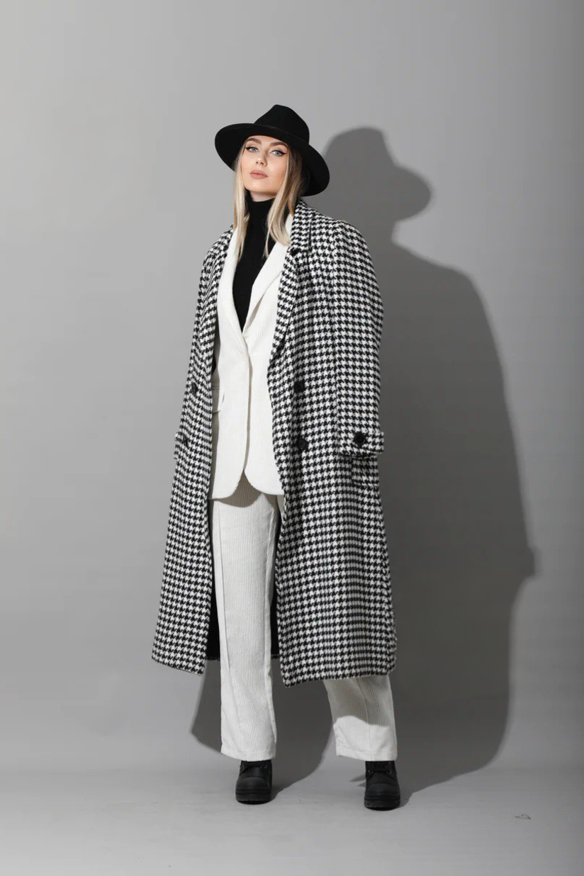 Oversized Double Breast Tweed Coat - Black & White