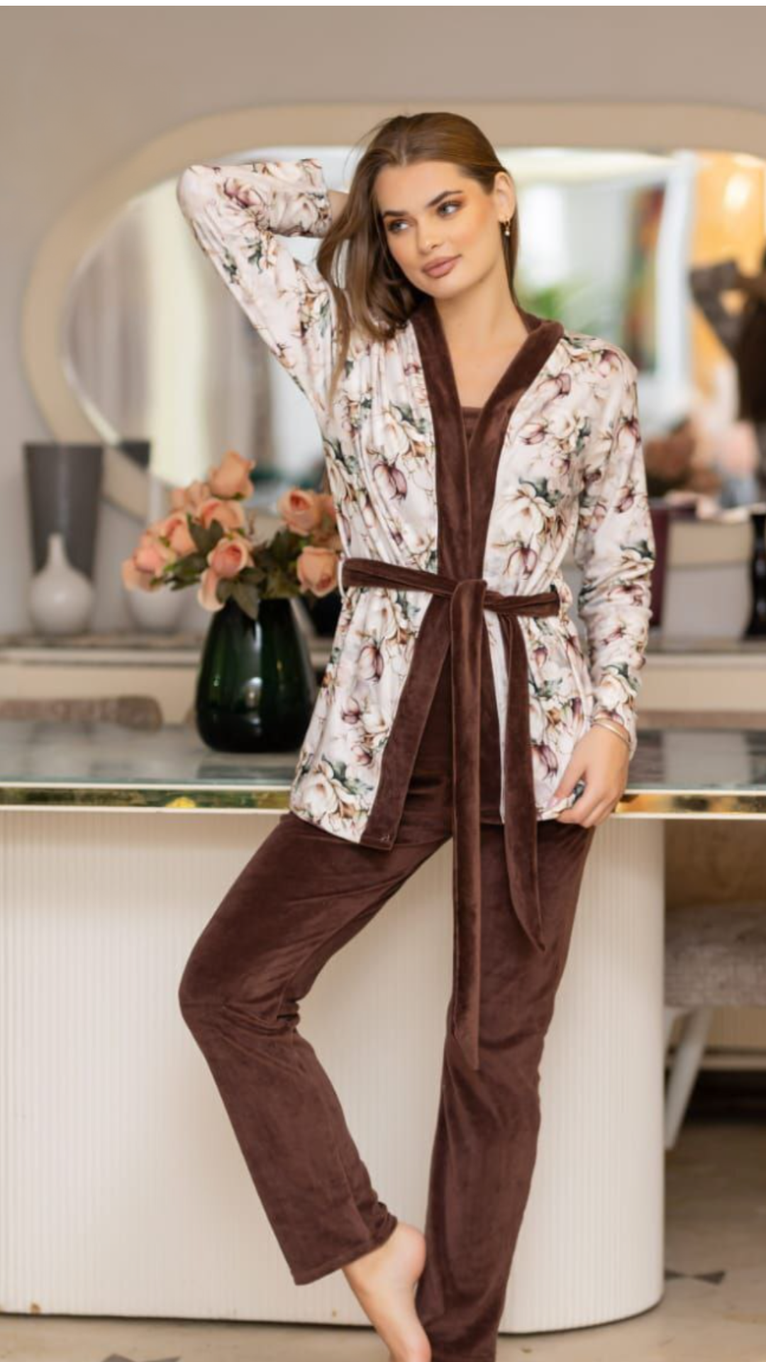 Home wear - 3 Pieces Velvet Set - printed robe