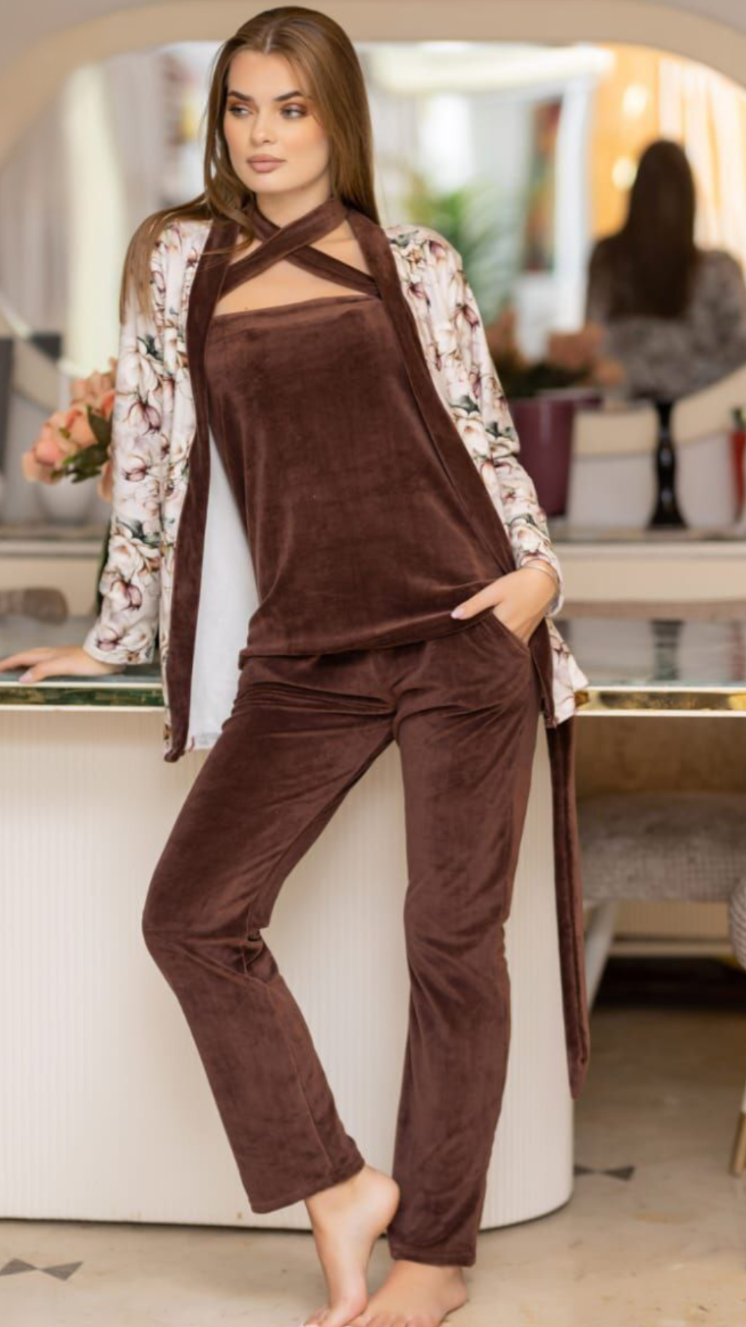 Home wear - 3 Pieces Velvet Set - printed robe