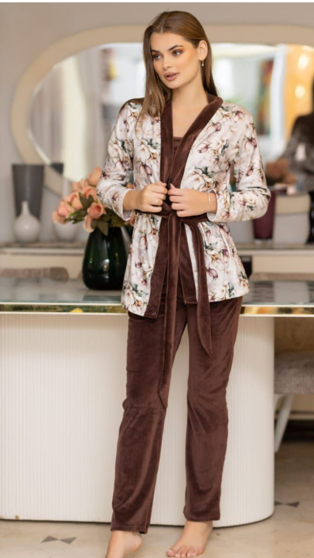 Home wear - 3 Pieces Velvet Set - printed robe
