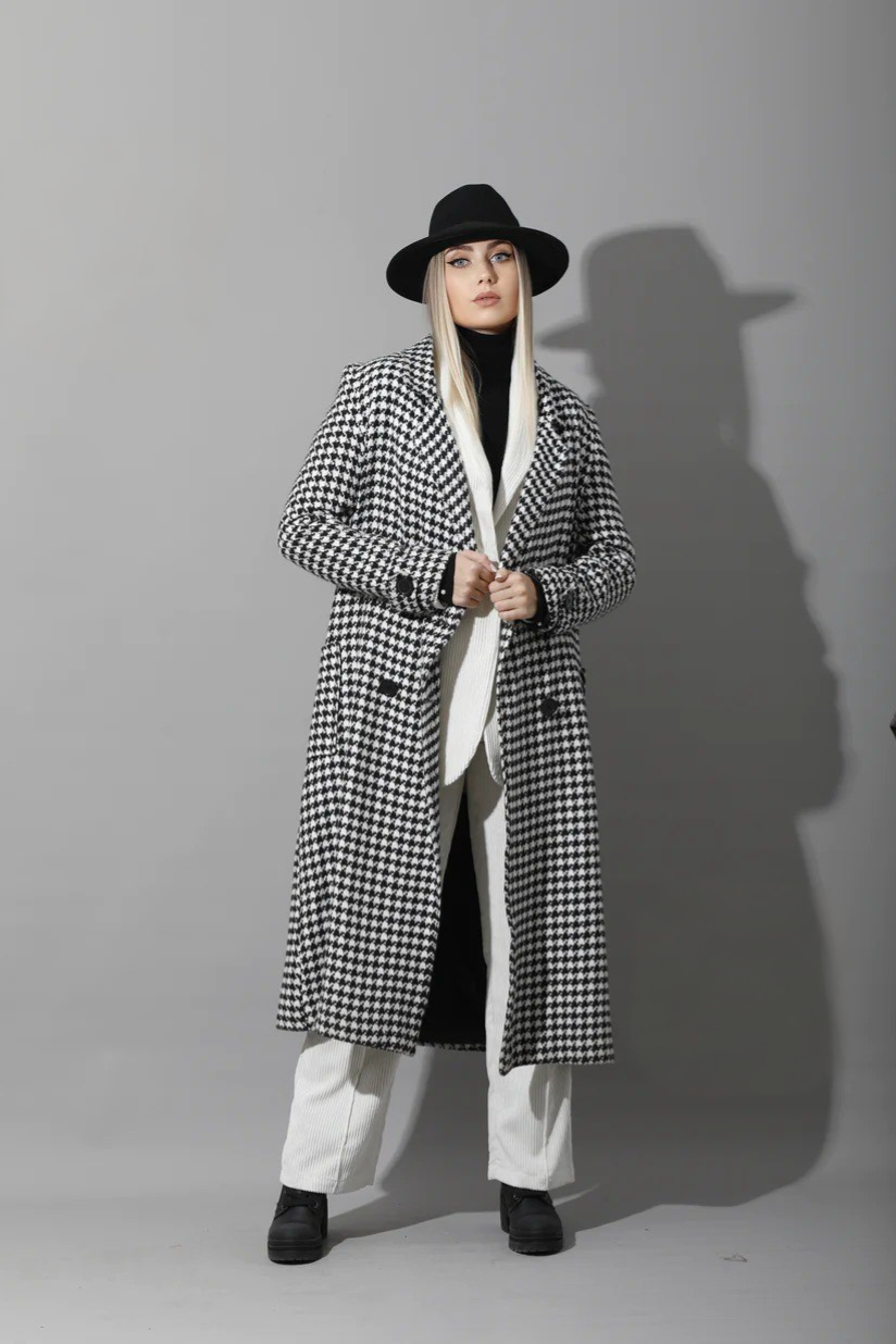 Oversized Double Breast Tweed Coat - Black & White