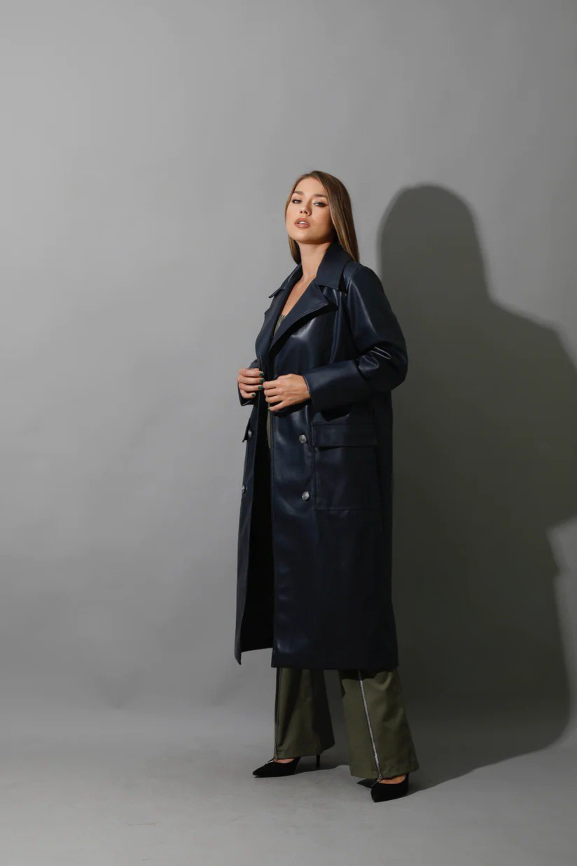Navy Textured Leather Women's Coat