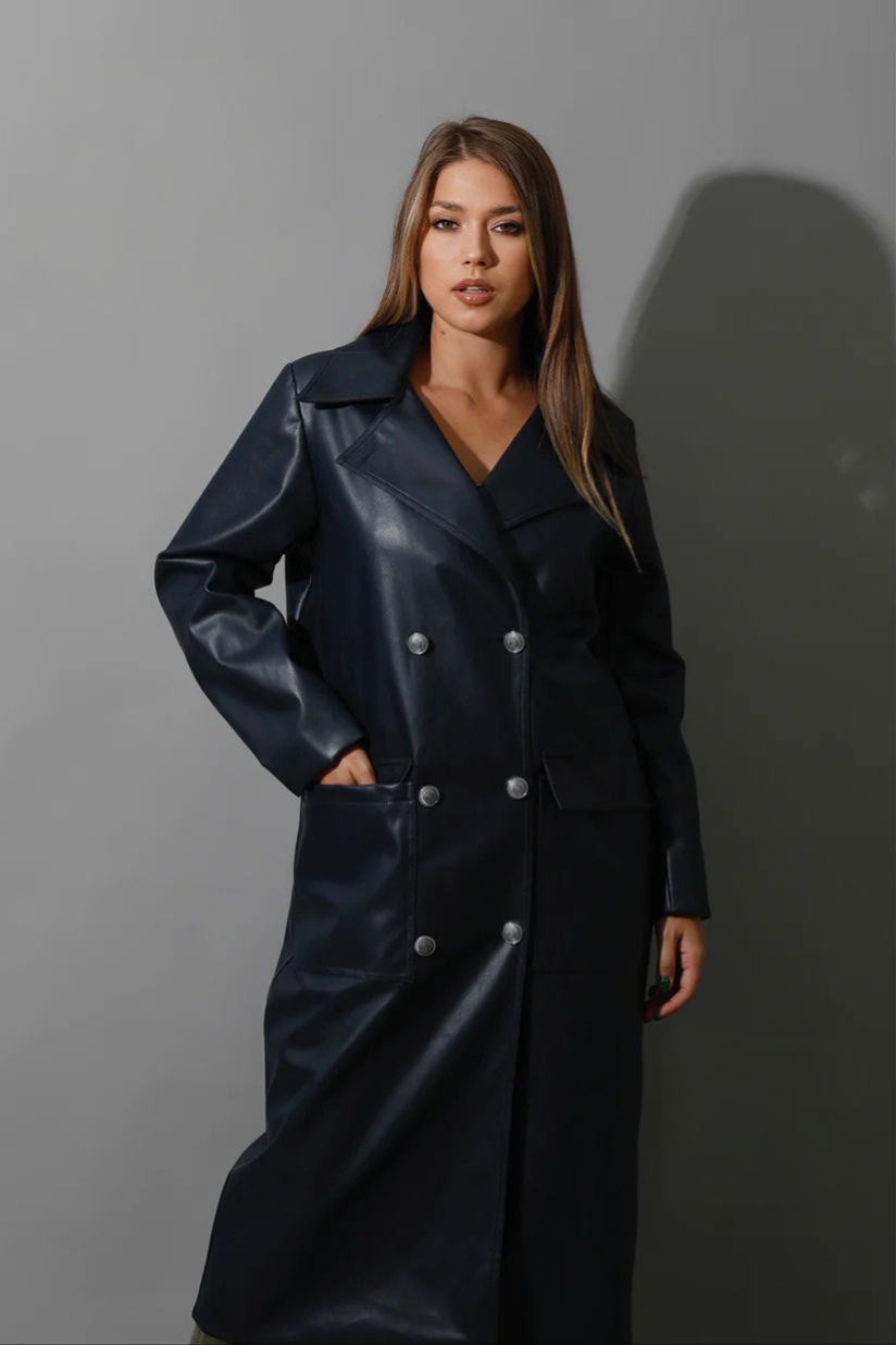 Navy Textured Leather Women's Coat