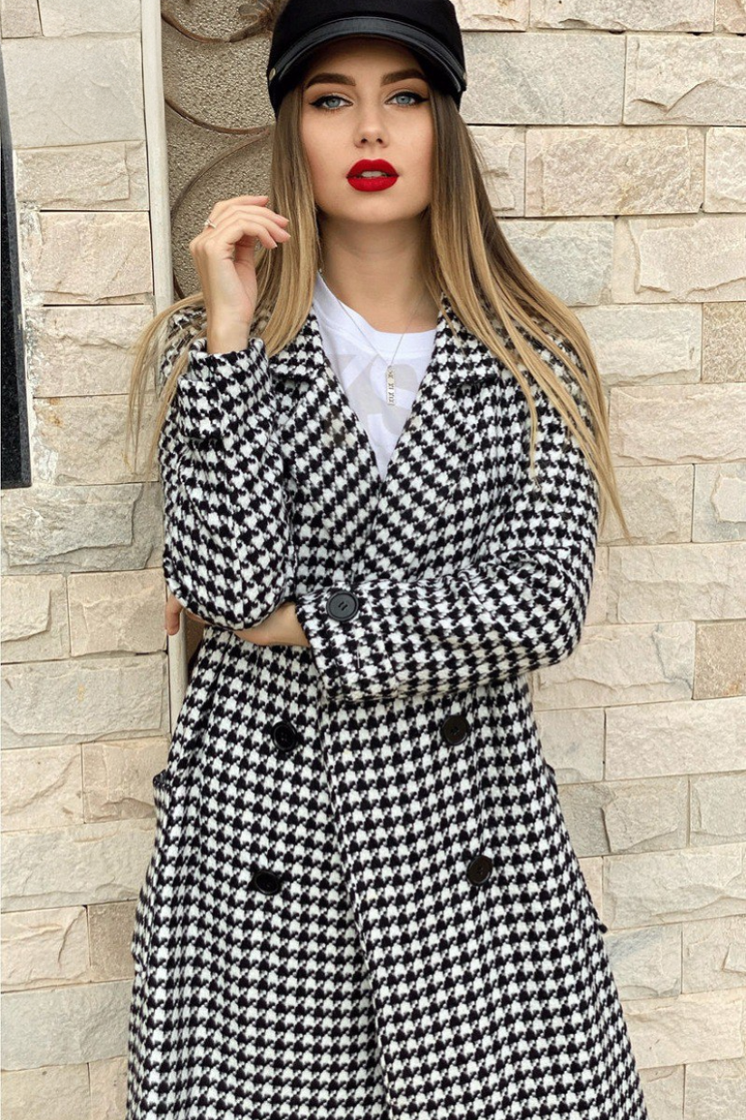 Oversized Double Breast Tweed Coat - Black & White
