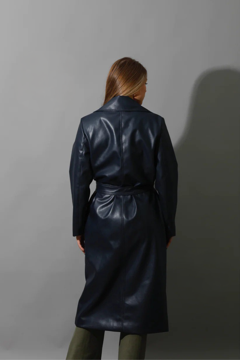 Navy Textured Leather Women's Coat