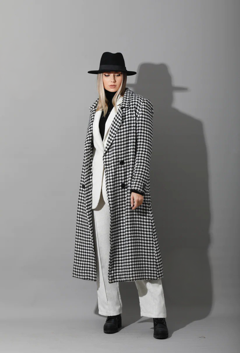 Oversized Double Breast Tweed Coat - Black & White