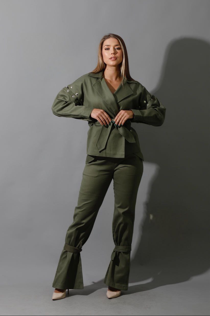 Olive Gabardine Set - Gabardine Top with belt and Detached Sleeves + Flared pants