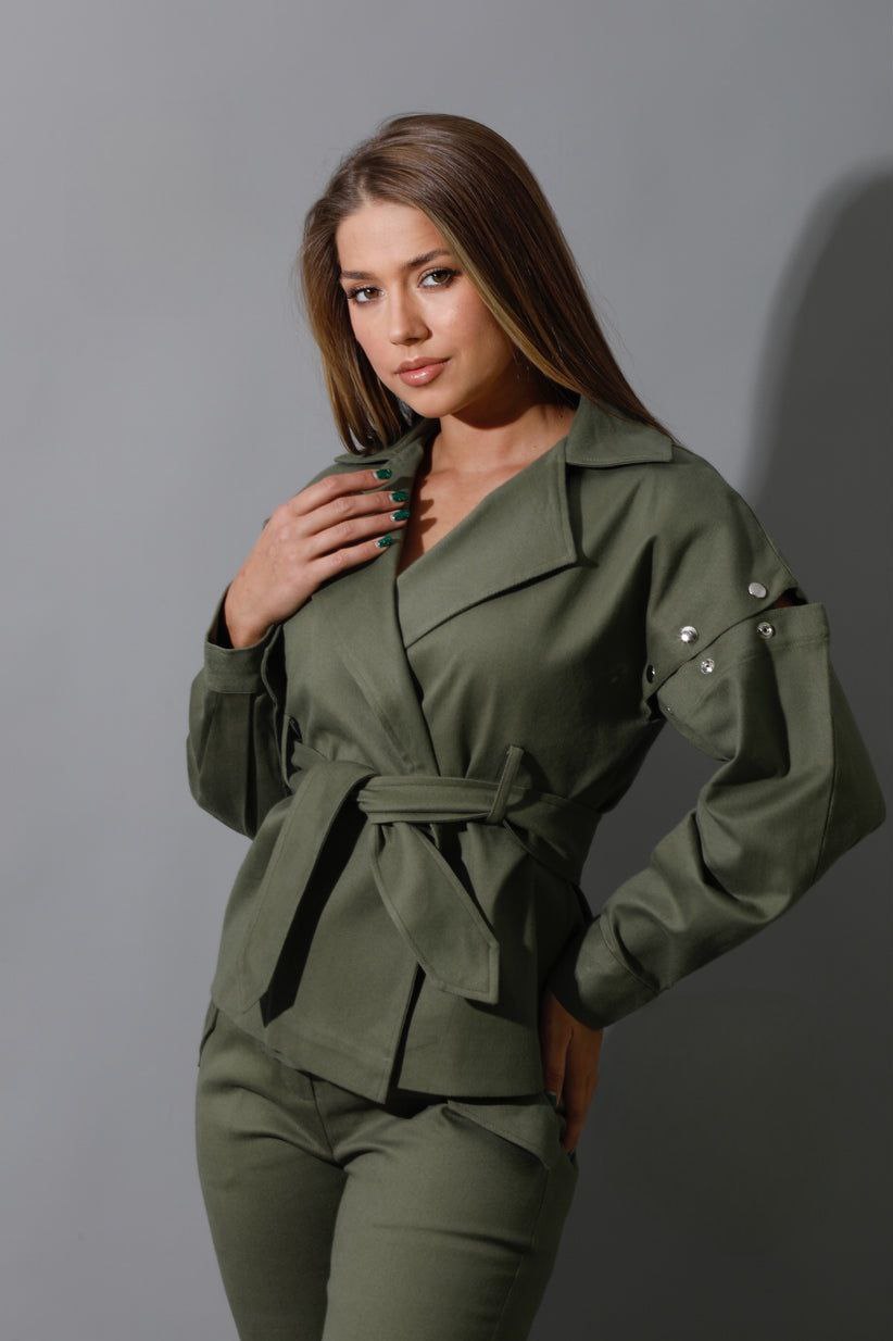 Olive Gabardine Set - Gabardine Top with belt and Detached Sleeves + Flared pants