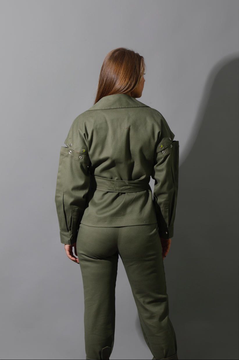 Olive Gabardine Set - Gabardine Top with belt and Detached Sleeves + Flared pants
