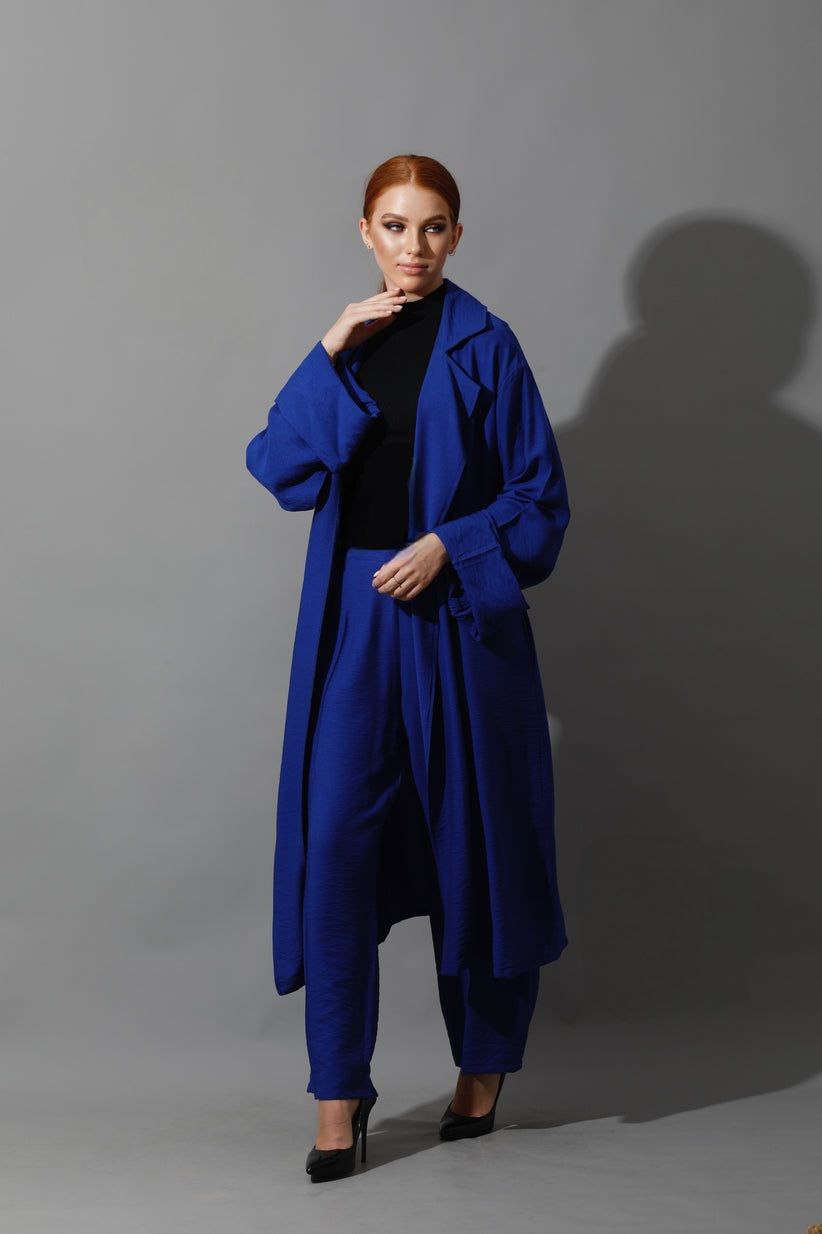 Oversized Linen Royal Blue Ensemble - Long Cardigan + Loose fit pants