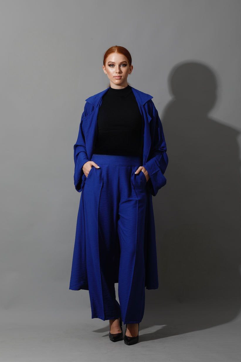 Oversized Linen Royal Blue Ensemble - Long Cardigan + Loose fit pants