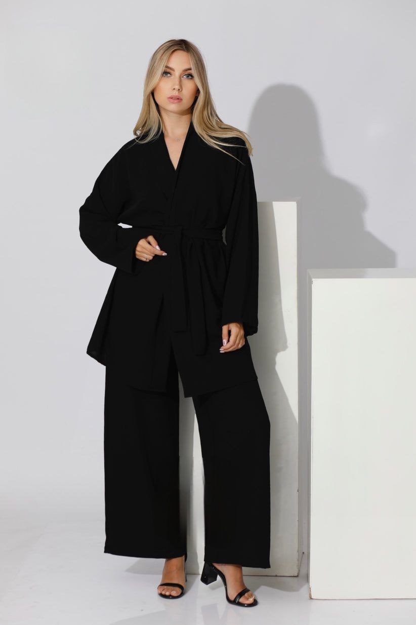 Black Co-ord - Kimono With Belt + Loose fit Pants