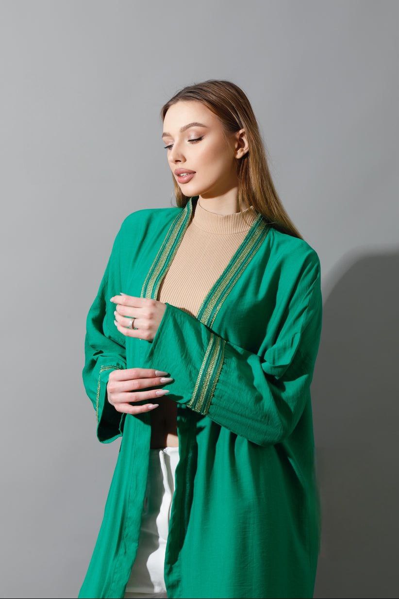 Linen- Oversized Long Kaftan Green with Gold Accessories