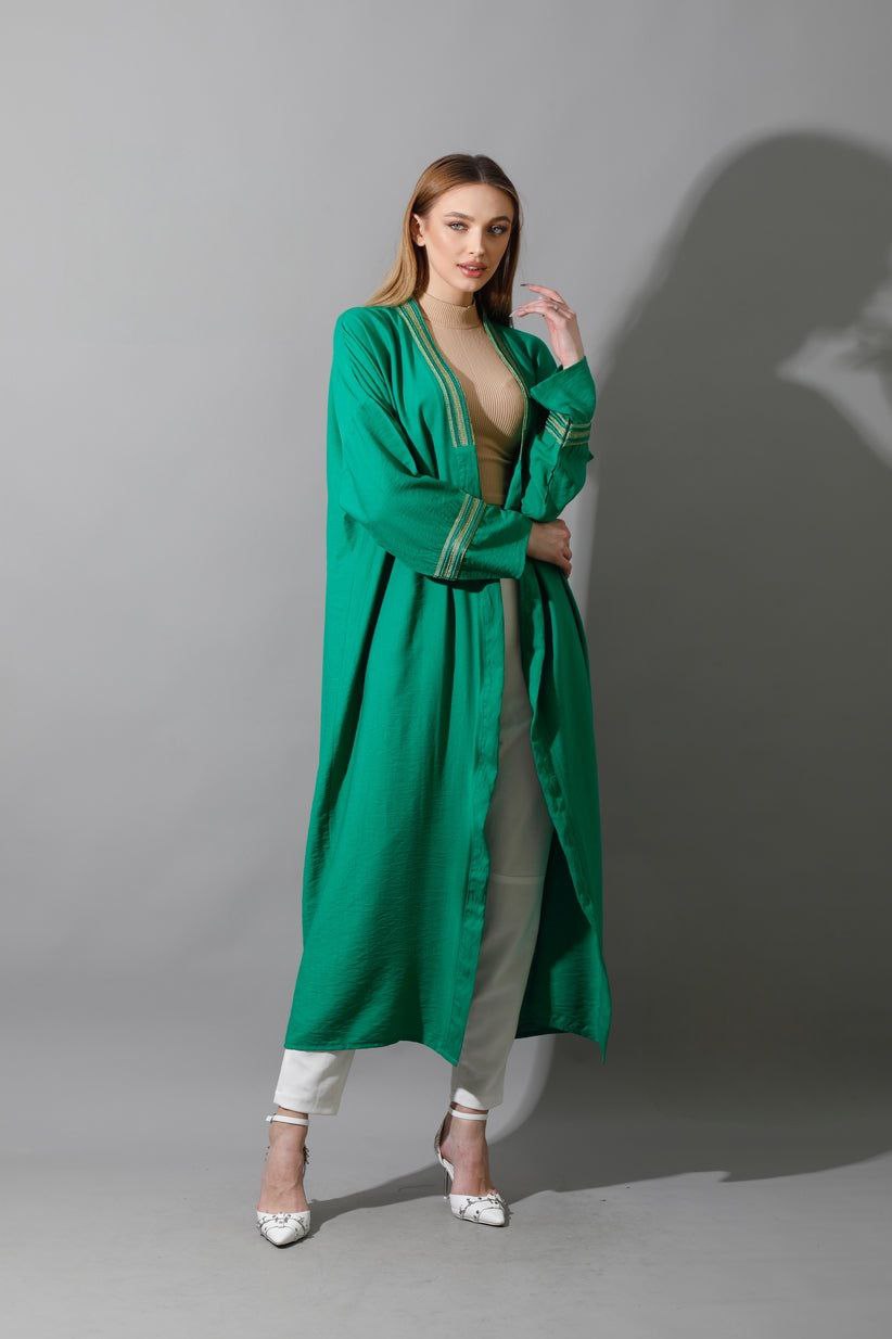 Linen- Oversized Long Kaftan Green with Gold Accessories