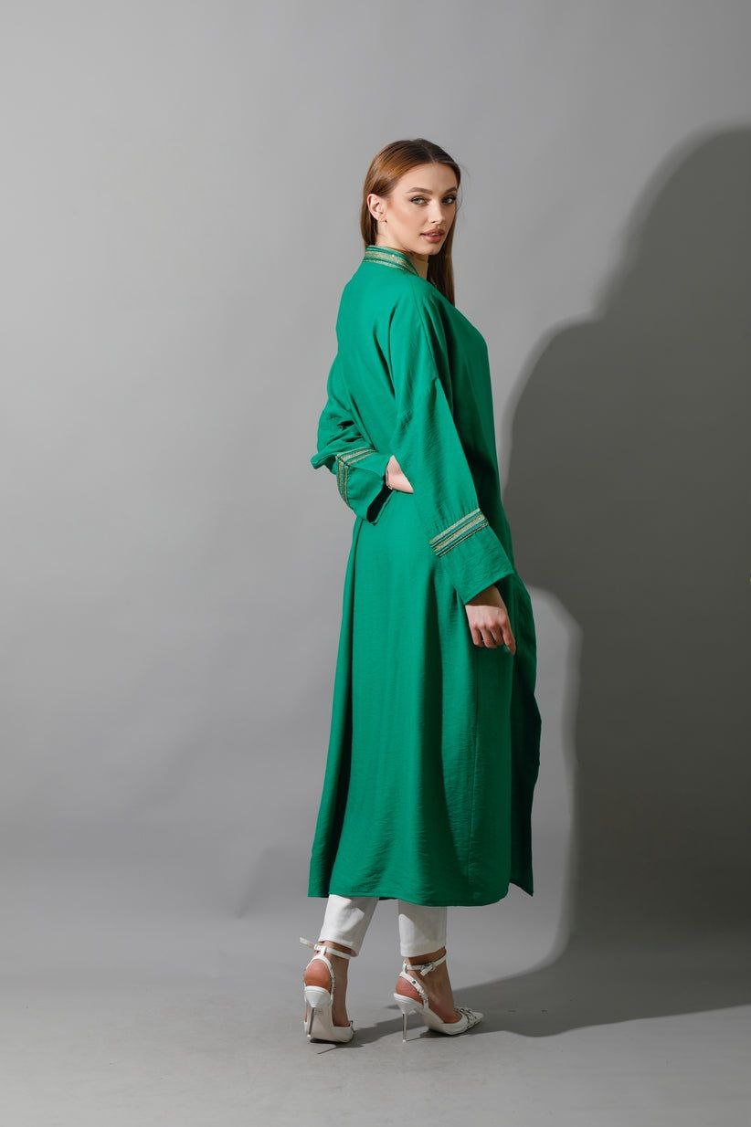 Linen- Oversized Long Kaftan Green with Gold Accessories