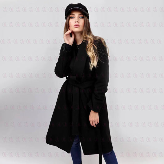 Simple Black Coat with Belt - EMY & ROSE Boutique