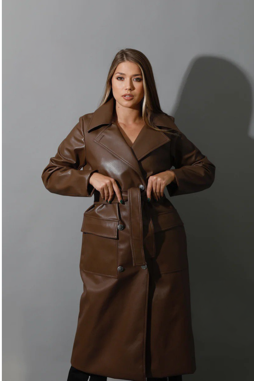 Brown Textured Leather Women's Coat