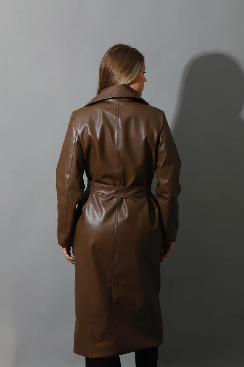Brown Textured Leather Women's Coat