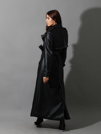 Black Leather Trench Coat With White Stitch -