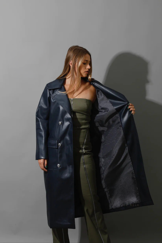 Navy Textured Leather Women's Coat