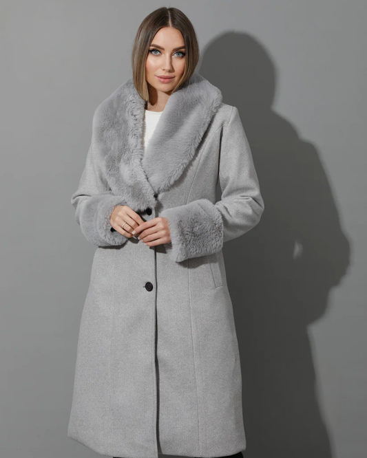 Grey Single Breasted Womens Wool Coat with Faux Fur - Reguler Fit