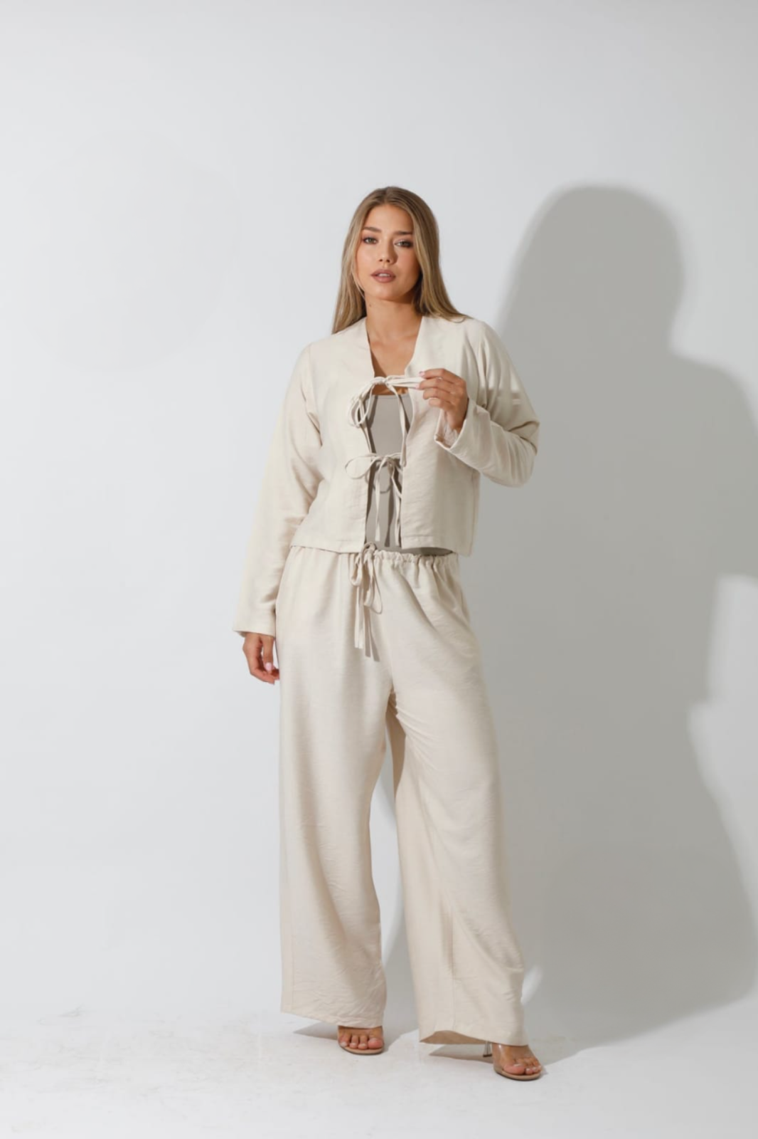 Spanish Linen - Regular Fit - Beige Set - Short Kimono & Wide leg pants