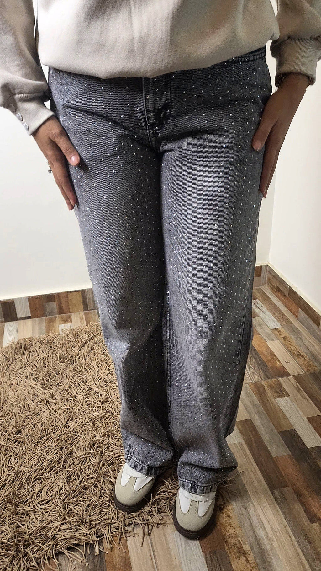 Grey Jeans with strass Straight- Wide Leg - relaxed fit