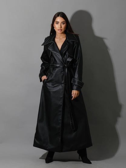 Black Leather Trench Coat With White Stitch -