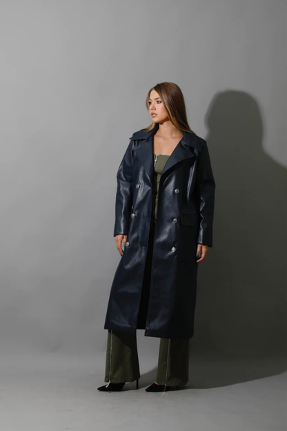 Navy Textured Leather Women's Coat