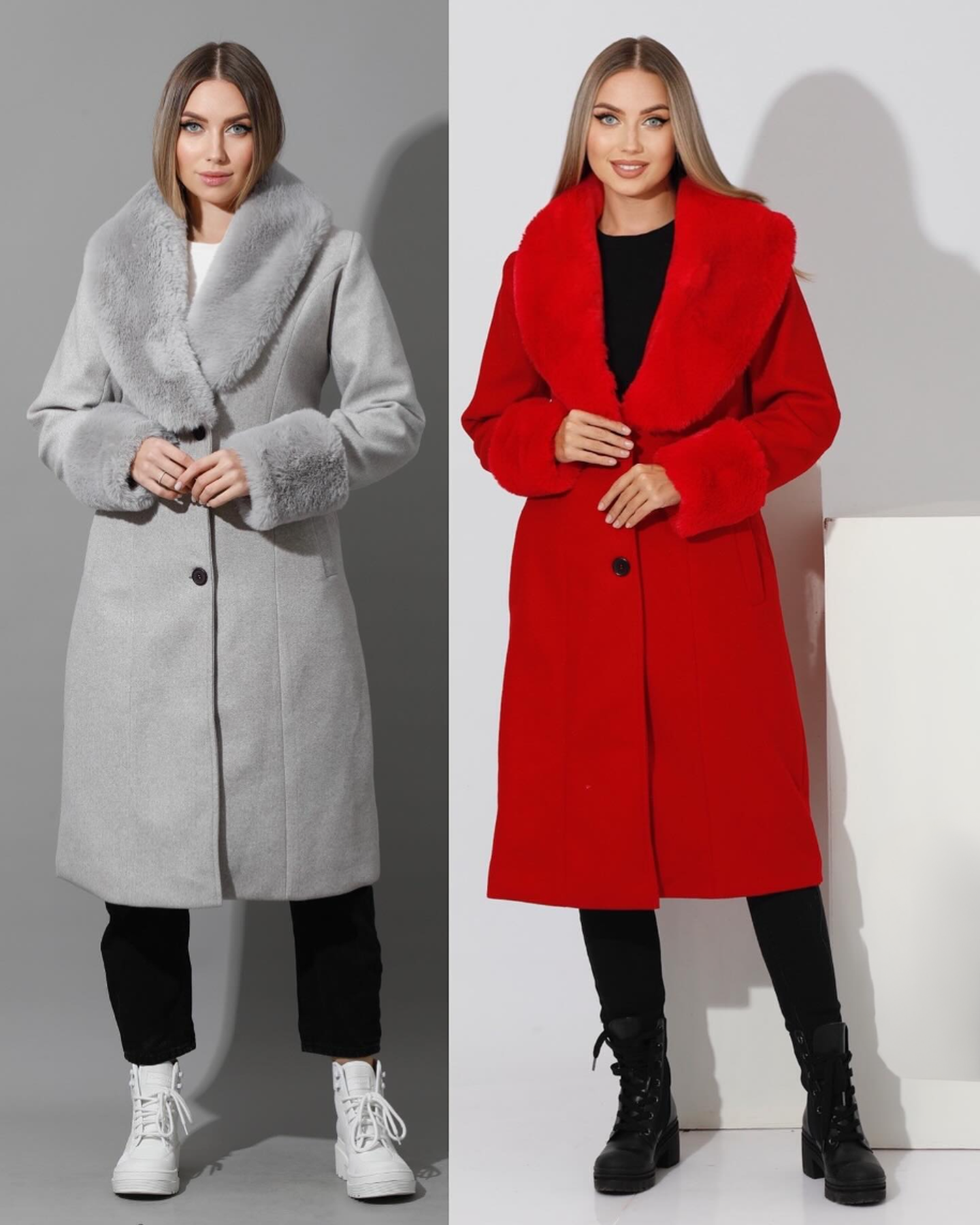 Red Single Breasted Womens Wool Coat with Faux Fur - Reguler Fit