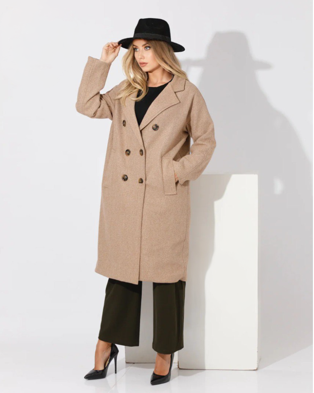 Oversized Double Breasted Womens Wool Coat Beige