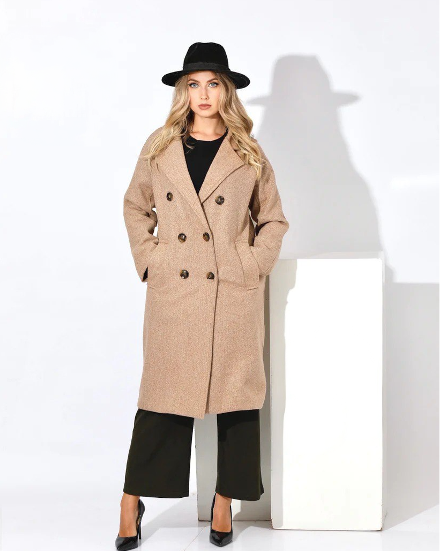 Oversized Double Breasted Womens Wool Coat Beige