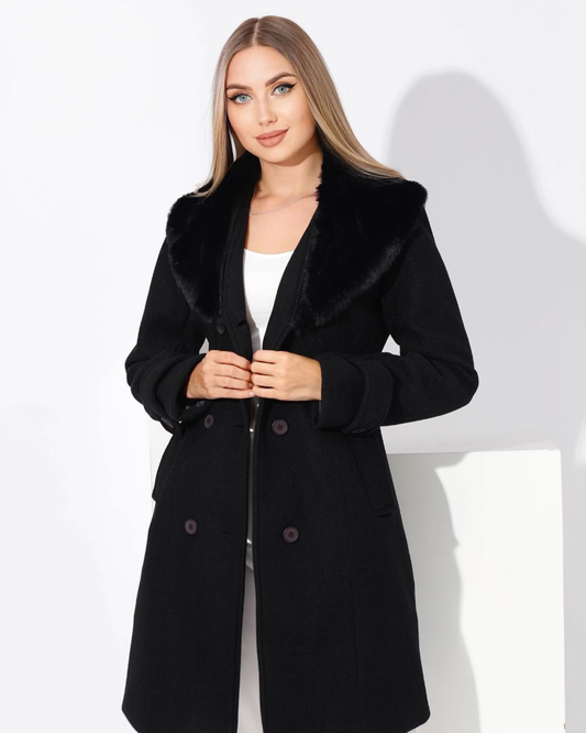 Double Breasted Black Coat with Fur