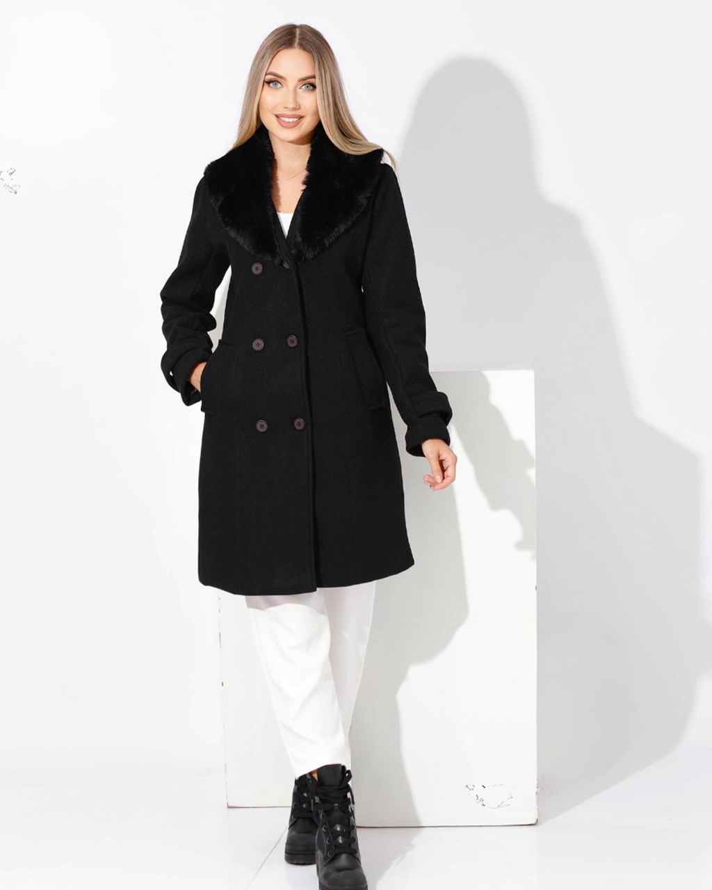 Double Breasted Black Coat with Fur