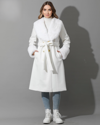 Double breasted White Coat - with belt and Luxuries Fur