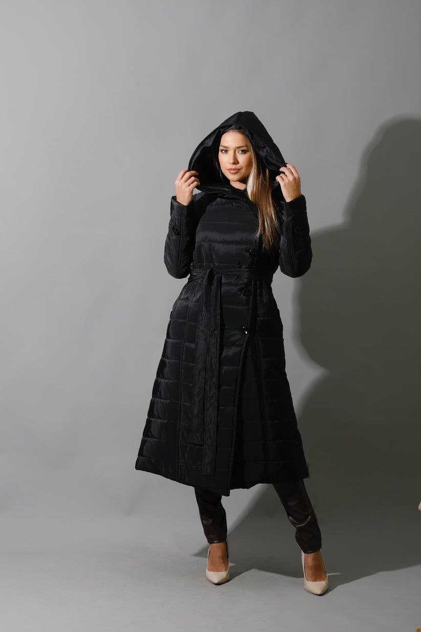 Black waterproof puffer Coat With belt