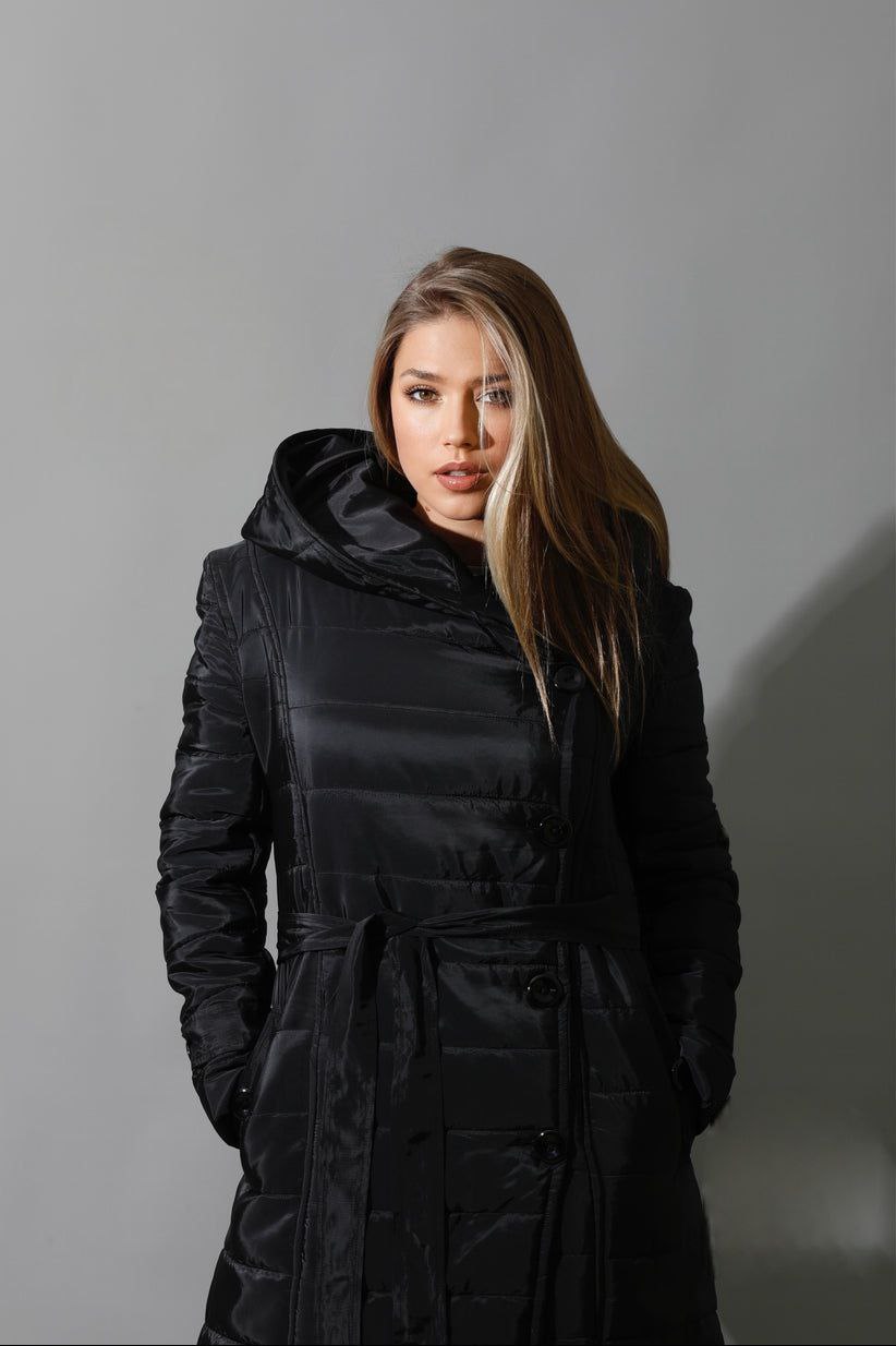 Black waterproof puffer Coat With belt