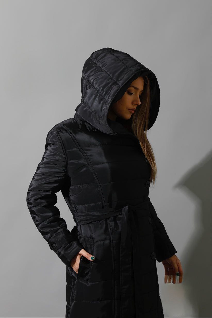 Black waterproof puffer Coat With belt