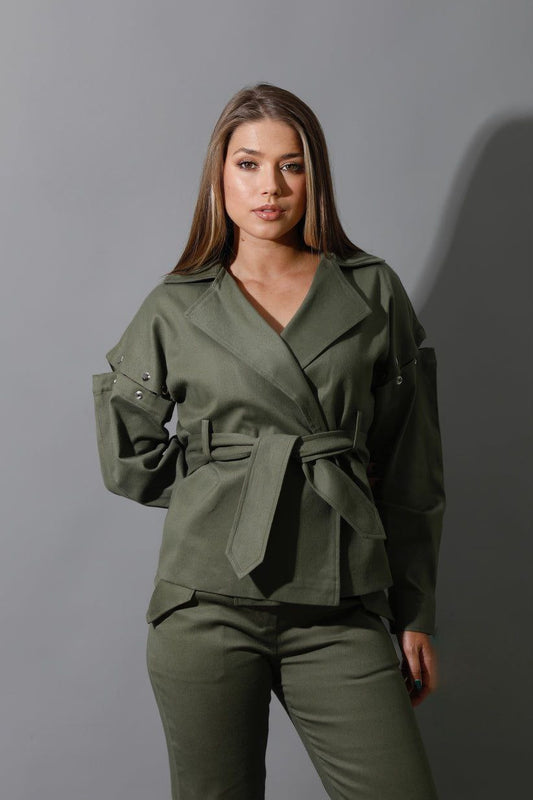 Olive Gabardine Top with belt and Detached Sleeves