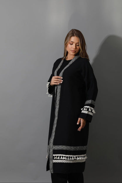 Black Lenin Short Kaftan with Oversized Fit and Chic Accessories Details