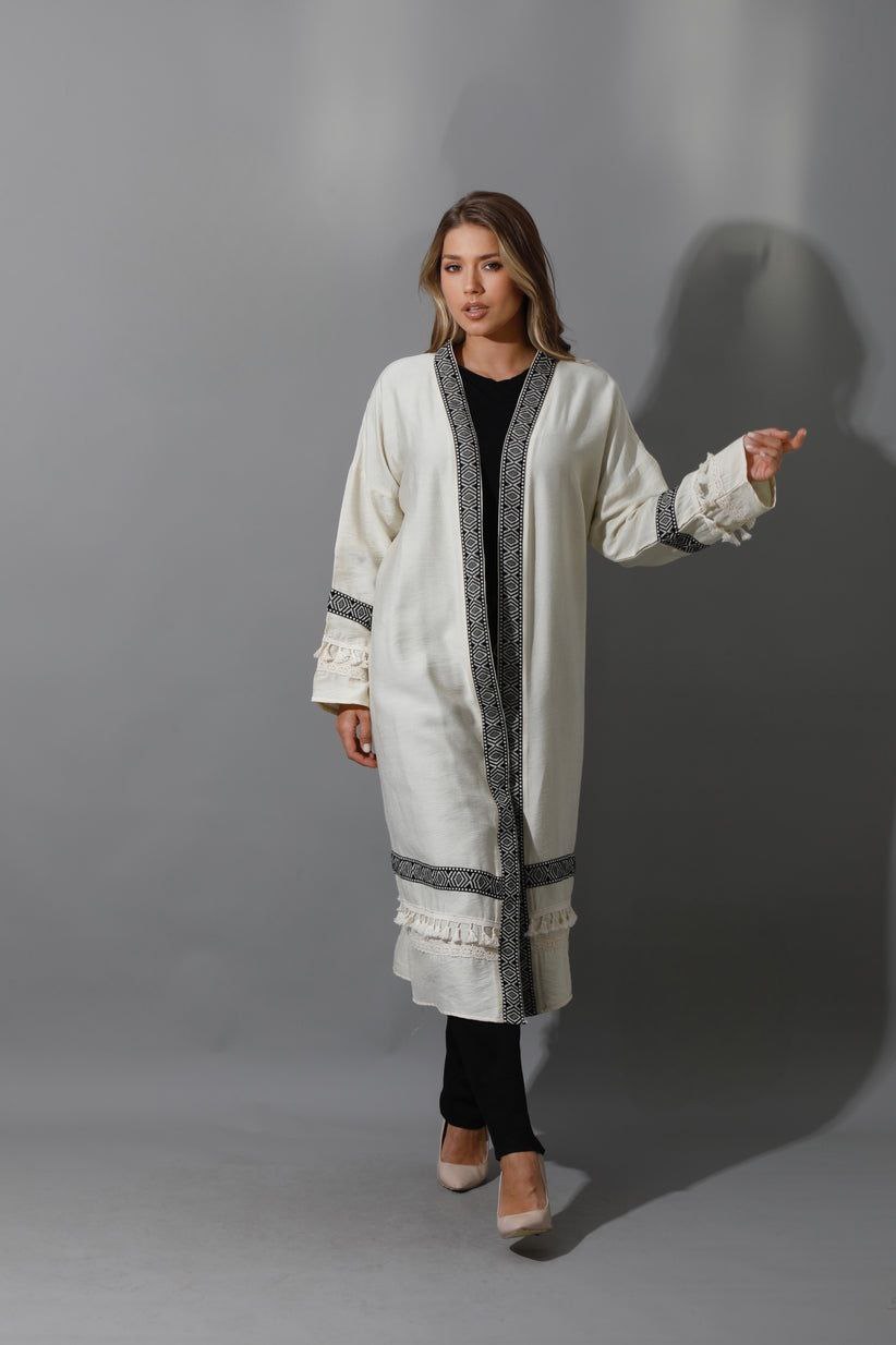Off White Lenin Short Kaftan with Oversized Fit and Chic Accessories Details