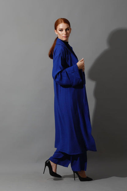 Oversized Linen Royal Blue Ensemble - Long Cardigan + Loose fit pants