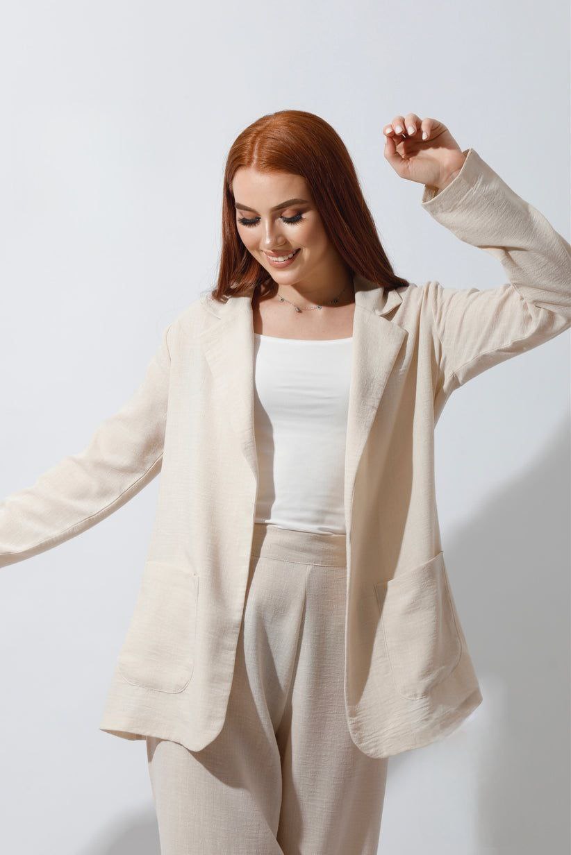 Beige Linen Suit - top with Patched Pockets and Loose Fit Pants