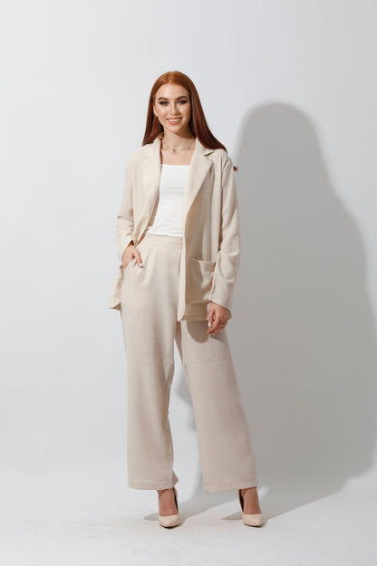 Beige Linen Suit - top with Patched Pockets and Loose Fit Pants