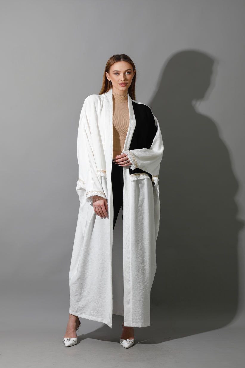 White & Black-  Loos Fit- Long Kaftan - with Gold Accessories