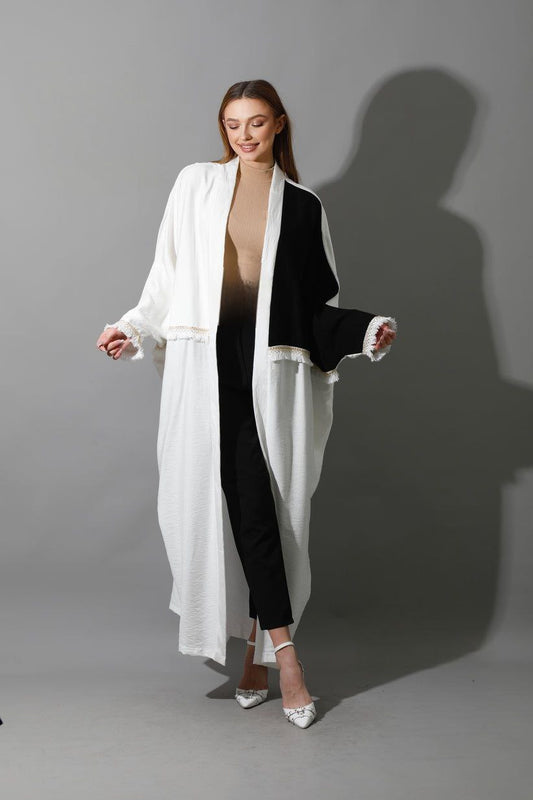 White & Black-  Loos Fit- Long Kaftan - with Gold Accessories