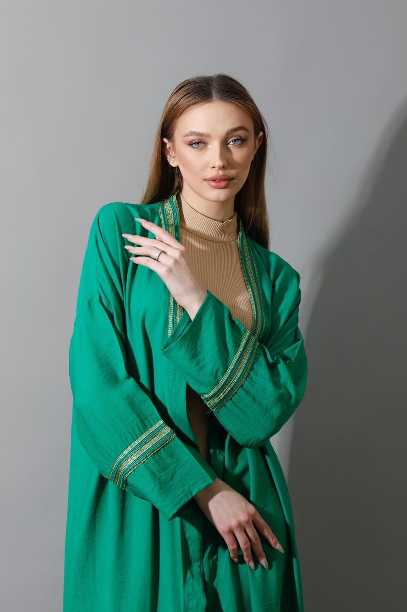 Linen-  Oversized Long Kaftan Green with Gold Accessories