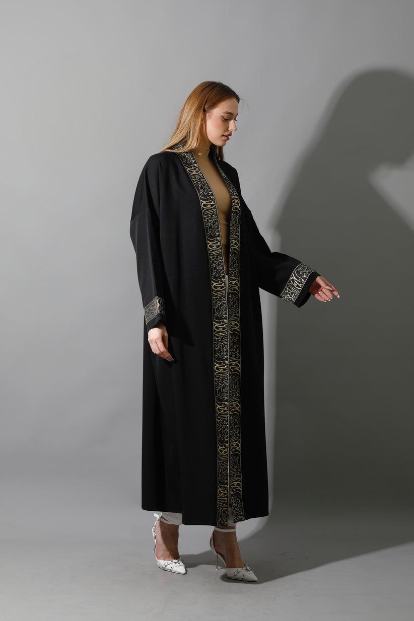 Rosaline Oversized Long Kaftan - Black with Arabic Letters in Gold