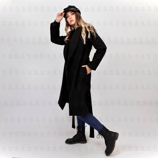Simple Black Coat with Belt - EMY & ROSE Boutique 