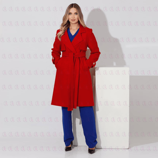 Simple Red Coat With Belt - EMY & ROSE Boutique 